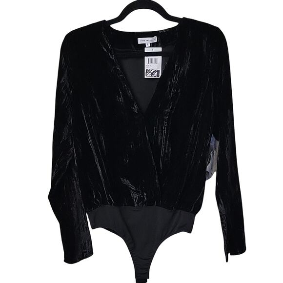 Good American Black Velvet V Neck Bodysuit Top Womens Size 2 Medium NWT - Picture 1 of 11